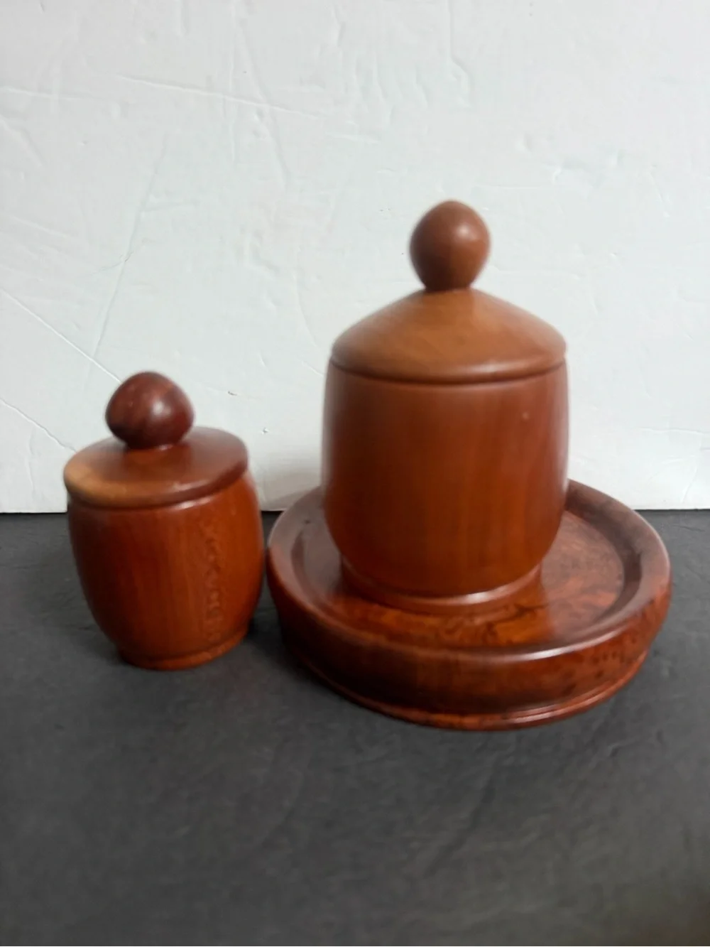 Set of Two Turned Wooden Canisters with Lids - Rich Brown